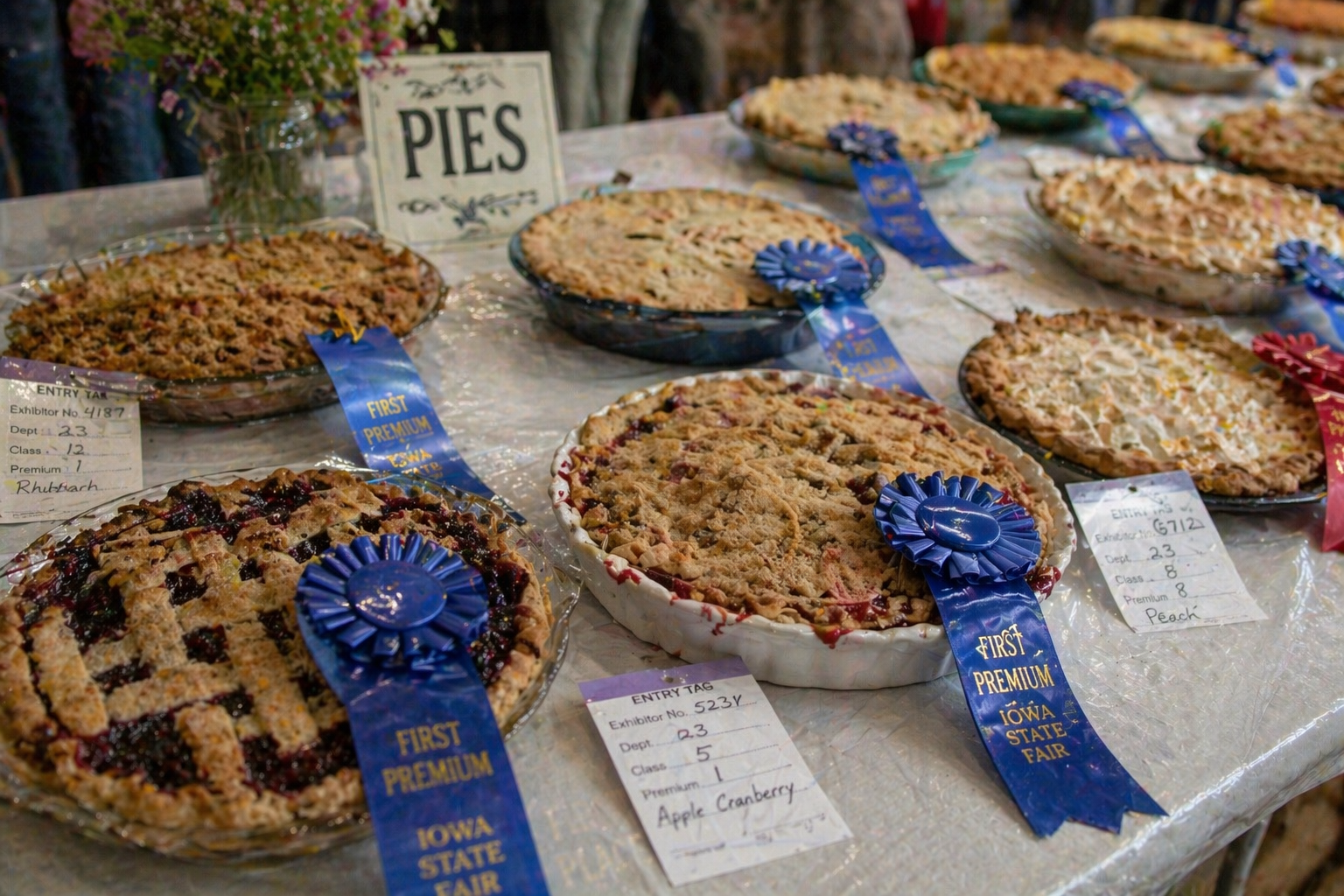 Blue-ribbon pies at a fair competition display