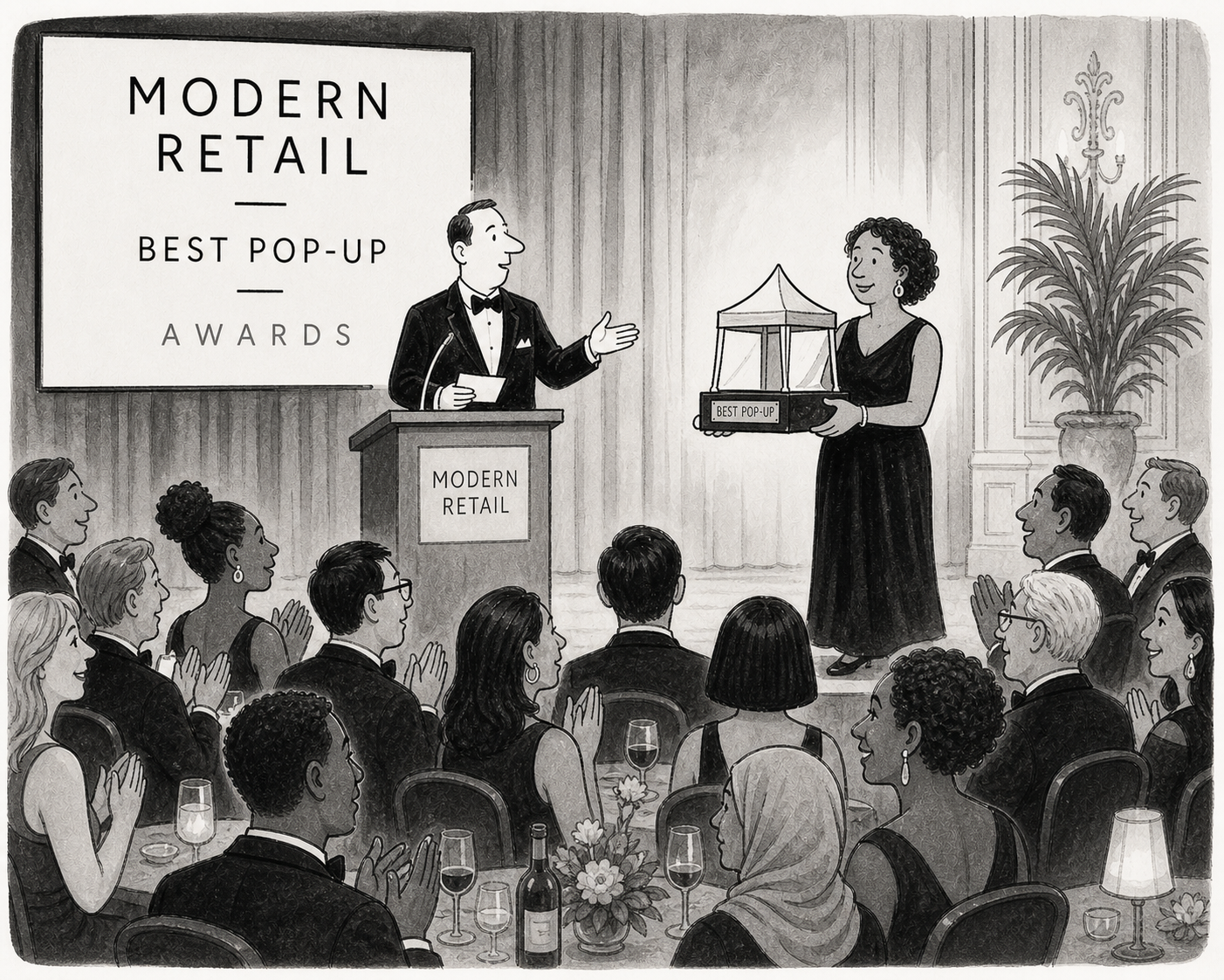 Awards ceremony cartoon: a presenter at a Modern Retail podium gestures toward a woman holding a trophy shaped like a pop-up tent, as a black-tie audience applauds.