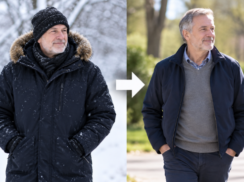 A heavy winter parka next to a lighter jacket with layers