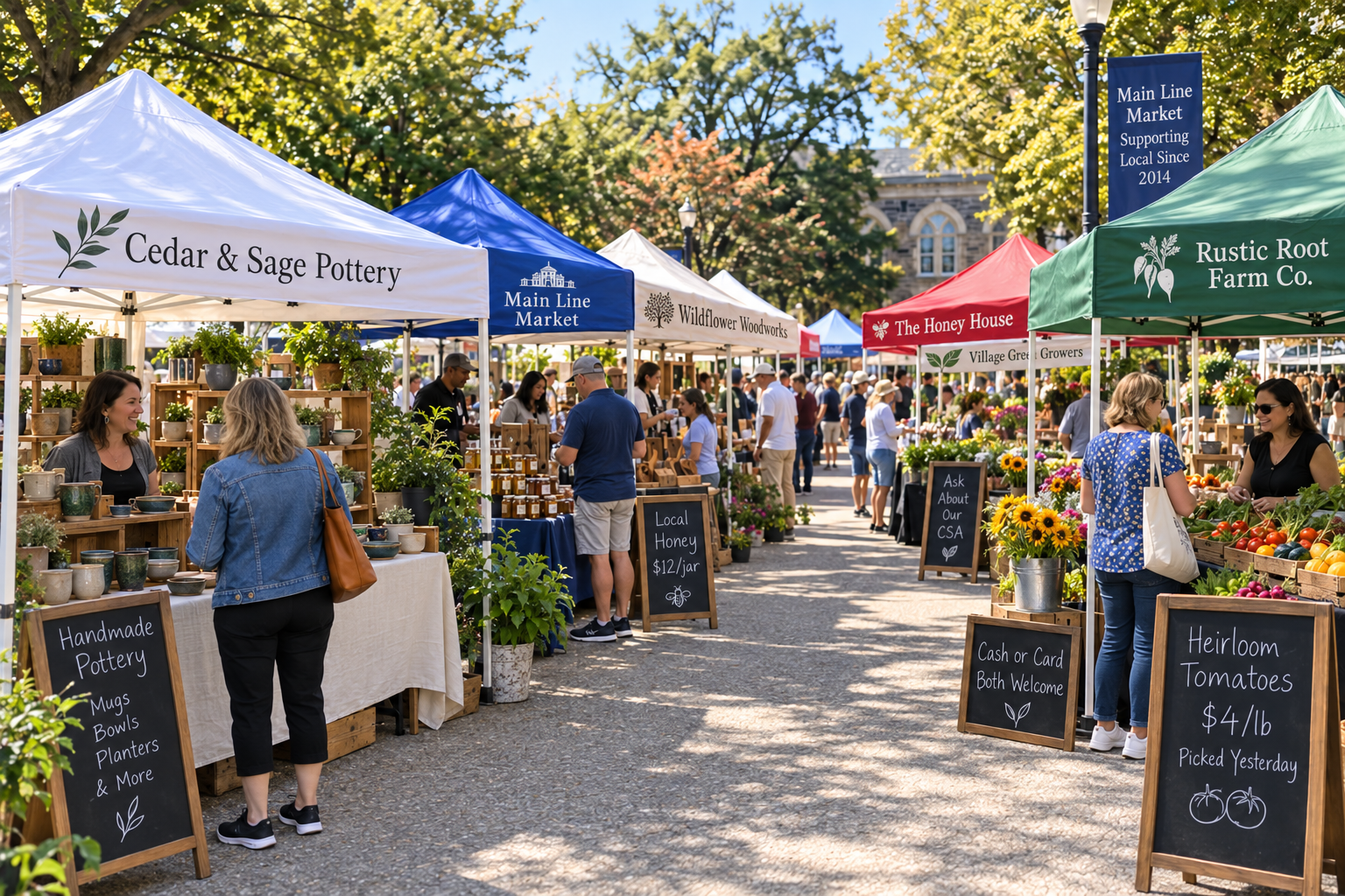 Vendor canopies at a craft fair or market
